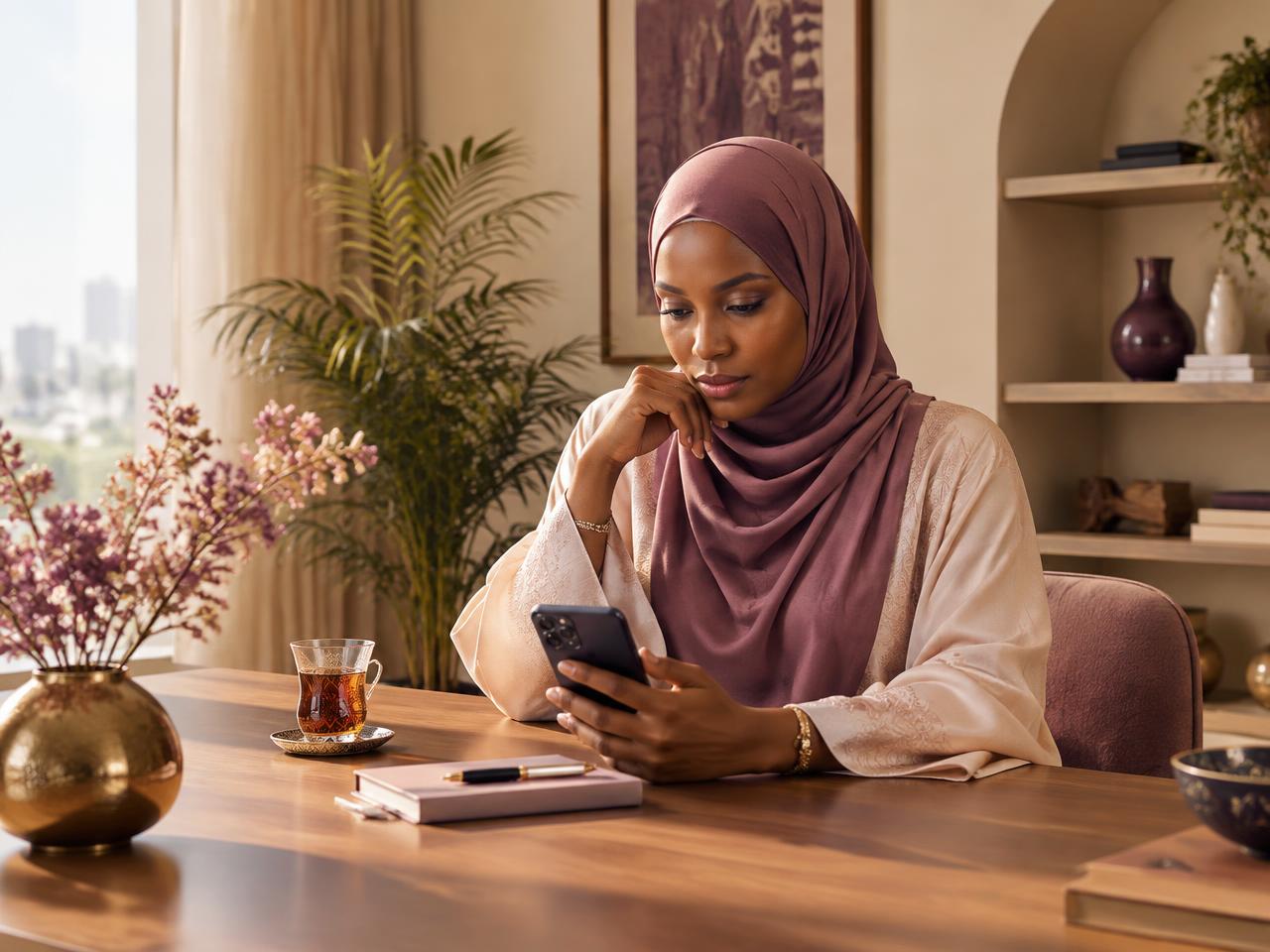 Muslim woman thoughtfully completing a private marriage profile on her phone